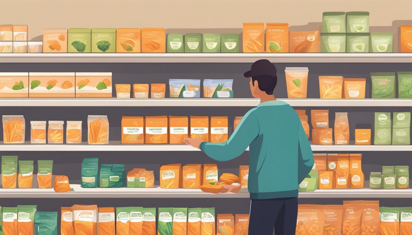 A person selecting a box of carrot peel tea from a shelf in a grocery store