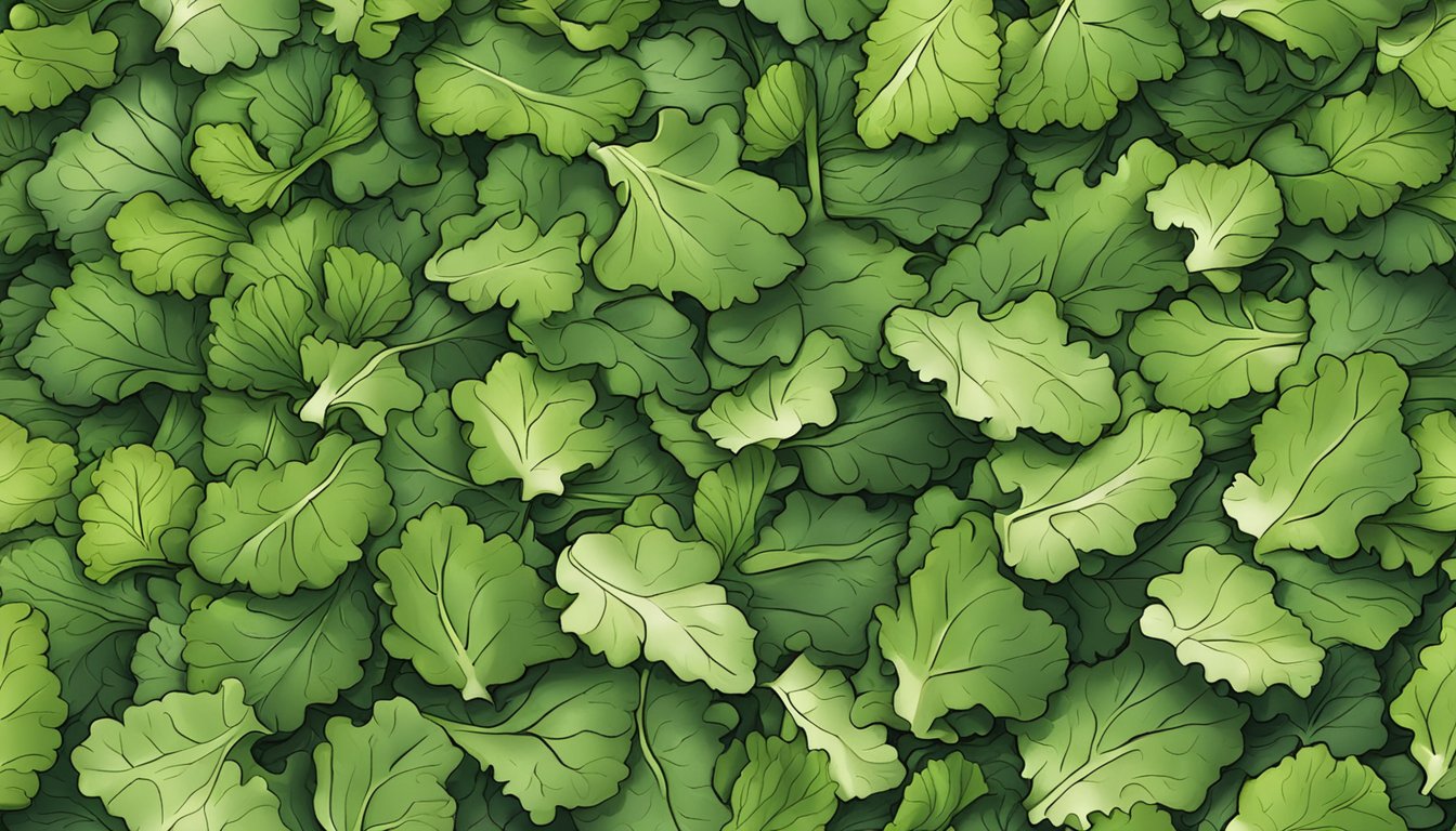 A pile of crispy green broccoli leaf chips on a wooden cutting board