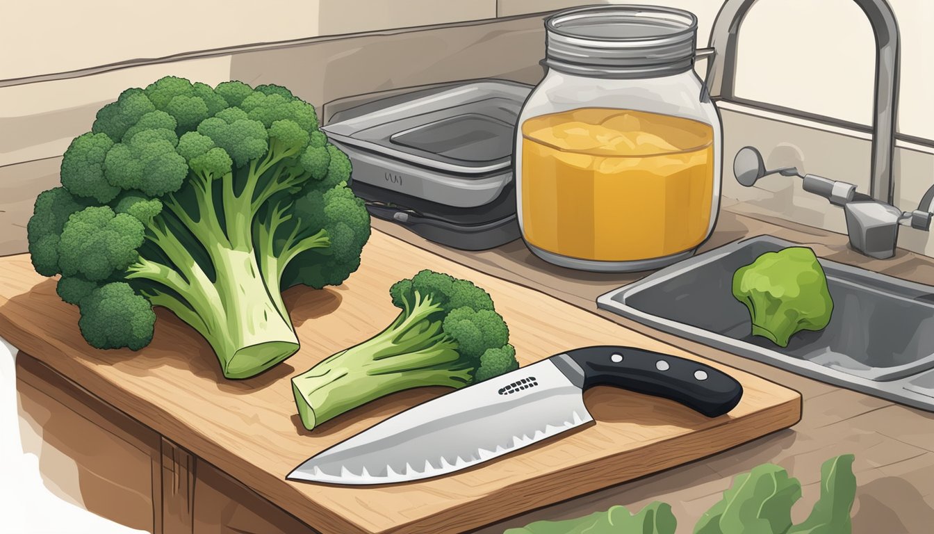 A kitchen counter with a cutting board, knife, and a pile of broccoli leaves. A compost bin sits nearby