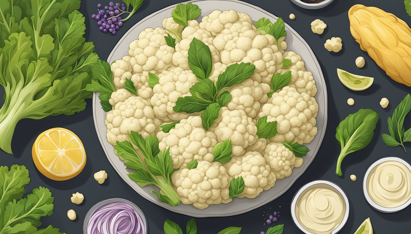 A cauliflower core and various ingredients blending into hummus