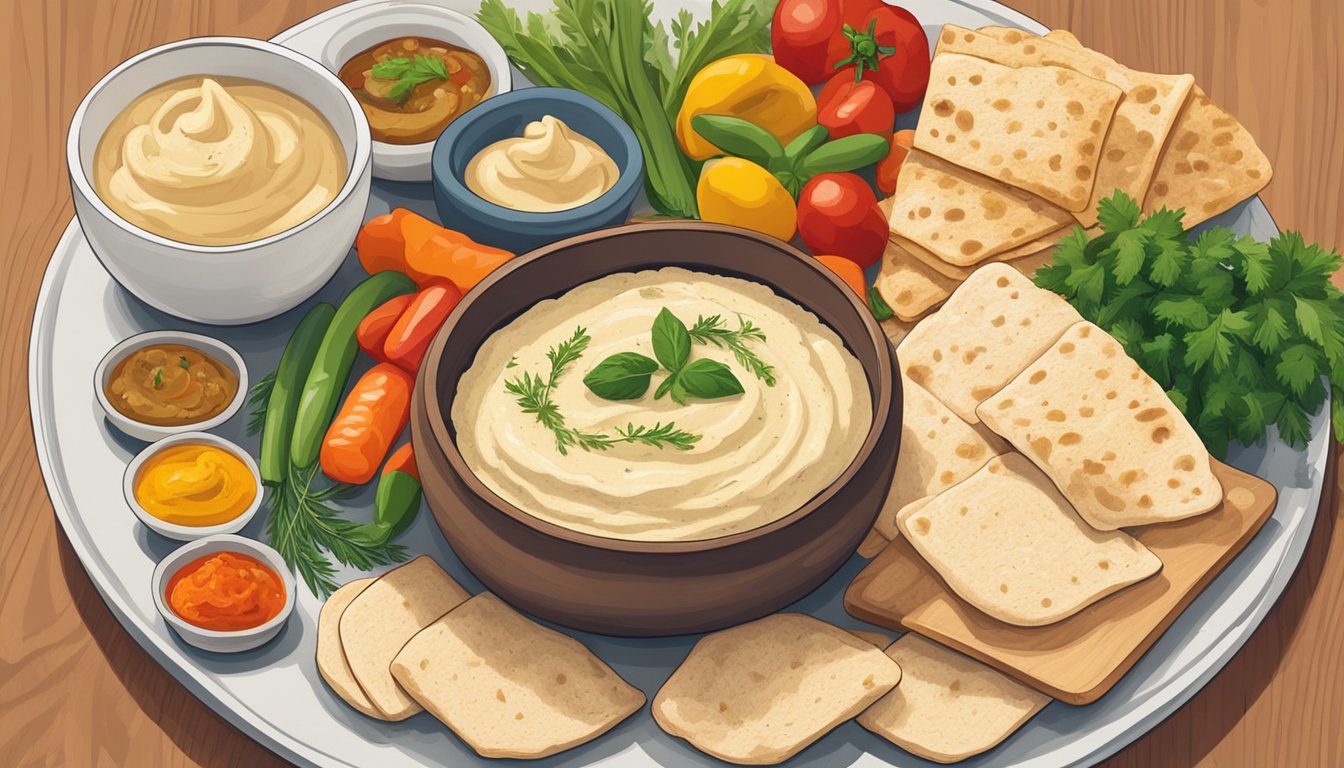 A wooden platter holds a bowl of creamy cauliflower hummus, garnished with olive oil, paprika, and fresh herbs. Surrounding it are colorful sliced vegetables and warm pita bread