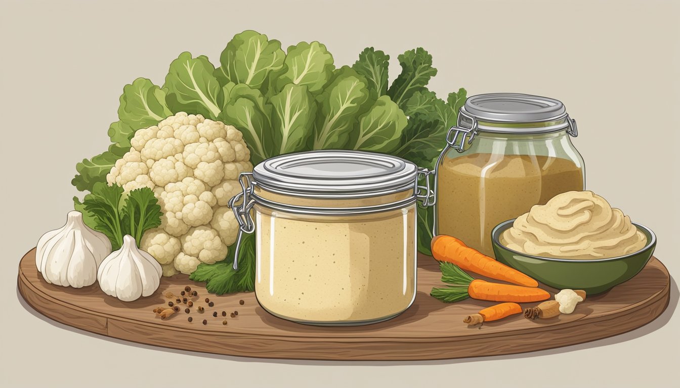 A glass jar filled with cauliflower core hummus sits on a wooden shelf, surrounded by preserved vegetables and spices