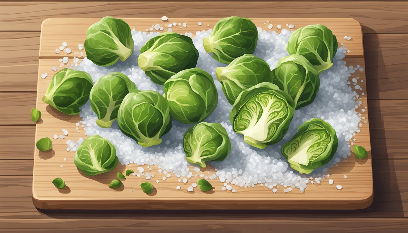 A pile of brussels sprout leaves scattered on a wooden cutting board, surrounded by scattered sea salt and pepper