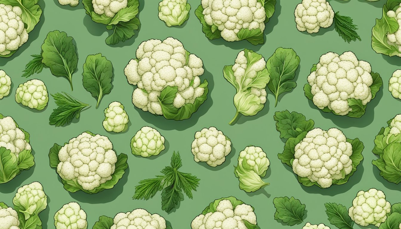 Cauliflower leaves arranged in a circular pattern, sprinkled with various seasonings and herbs, placed on a baking sheet