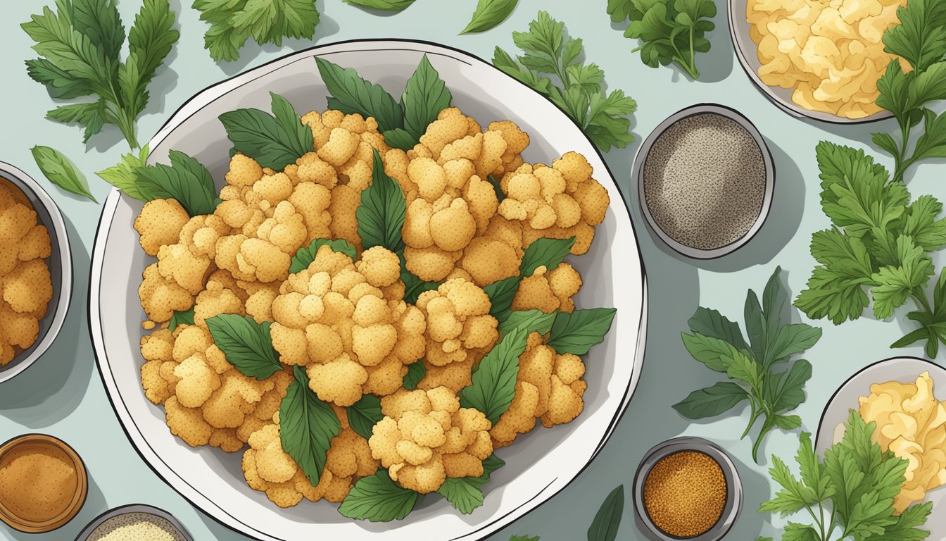 A bowl of crispy cauliflower leaf chips surrounded by fresh herbs and seasonings