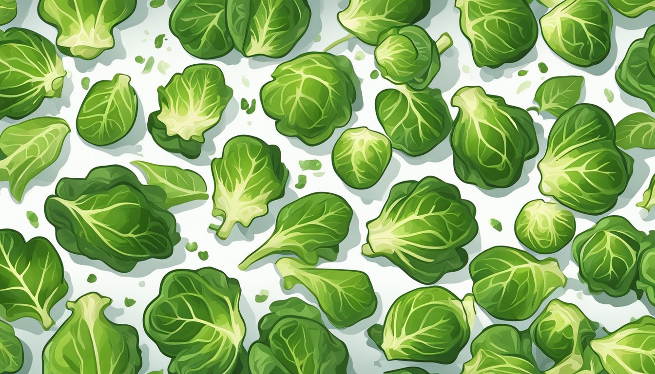 Brussels sprout leaves sprinkled with seasoning on a baking sheet