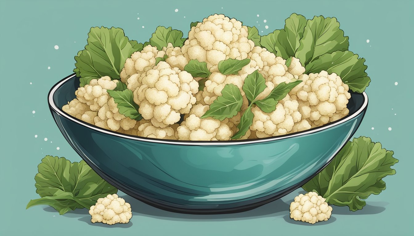 A bowl of crispy cauliflower leaf chips surrounded by fresh cauliflower leaves and a scattering of sea salt