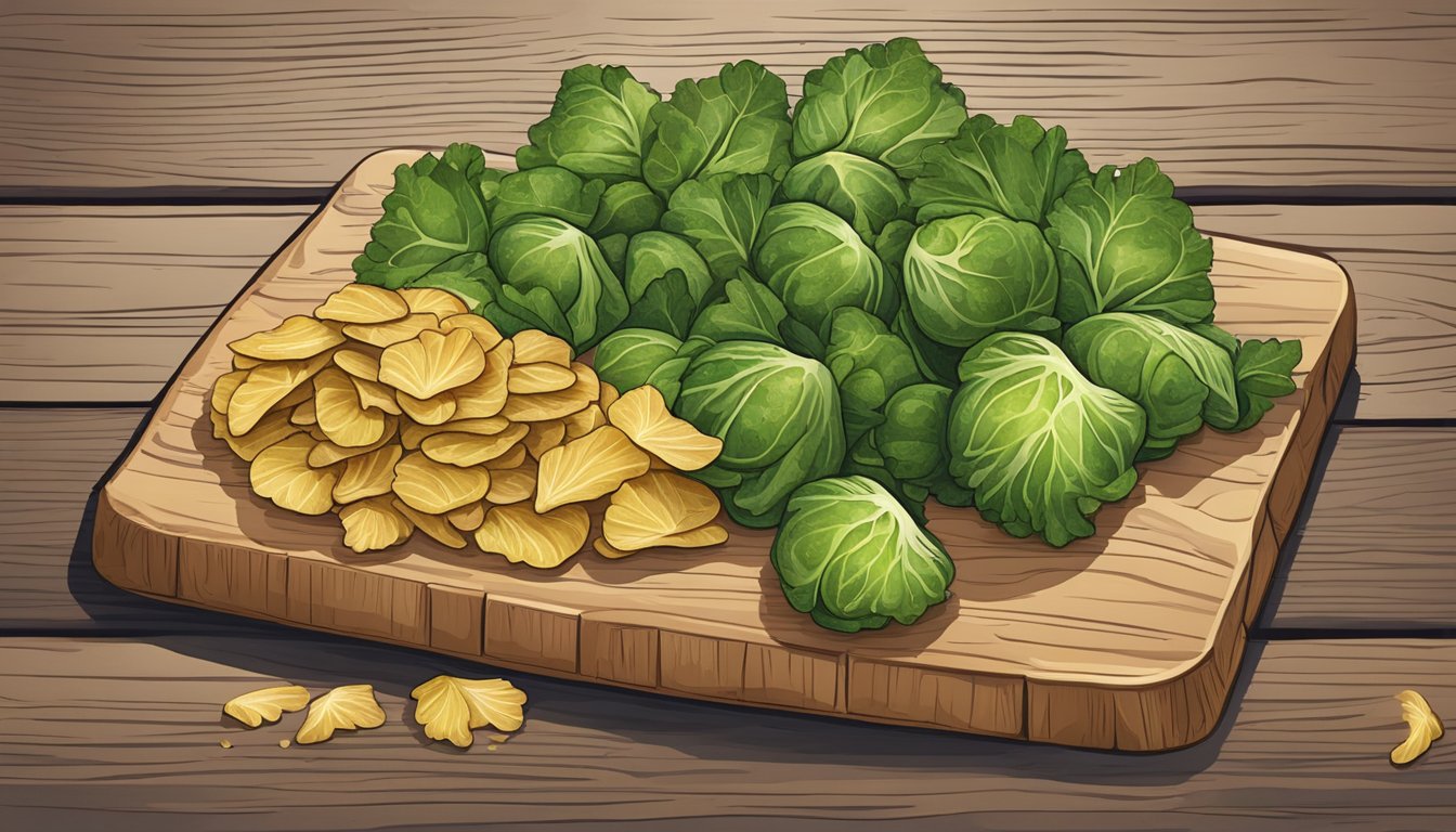 A rustic wooden serving board with crispy brussels sprout leaf chips arranged in a decorative pattern