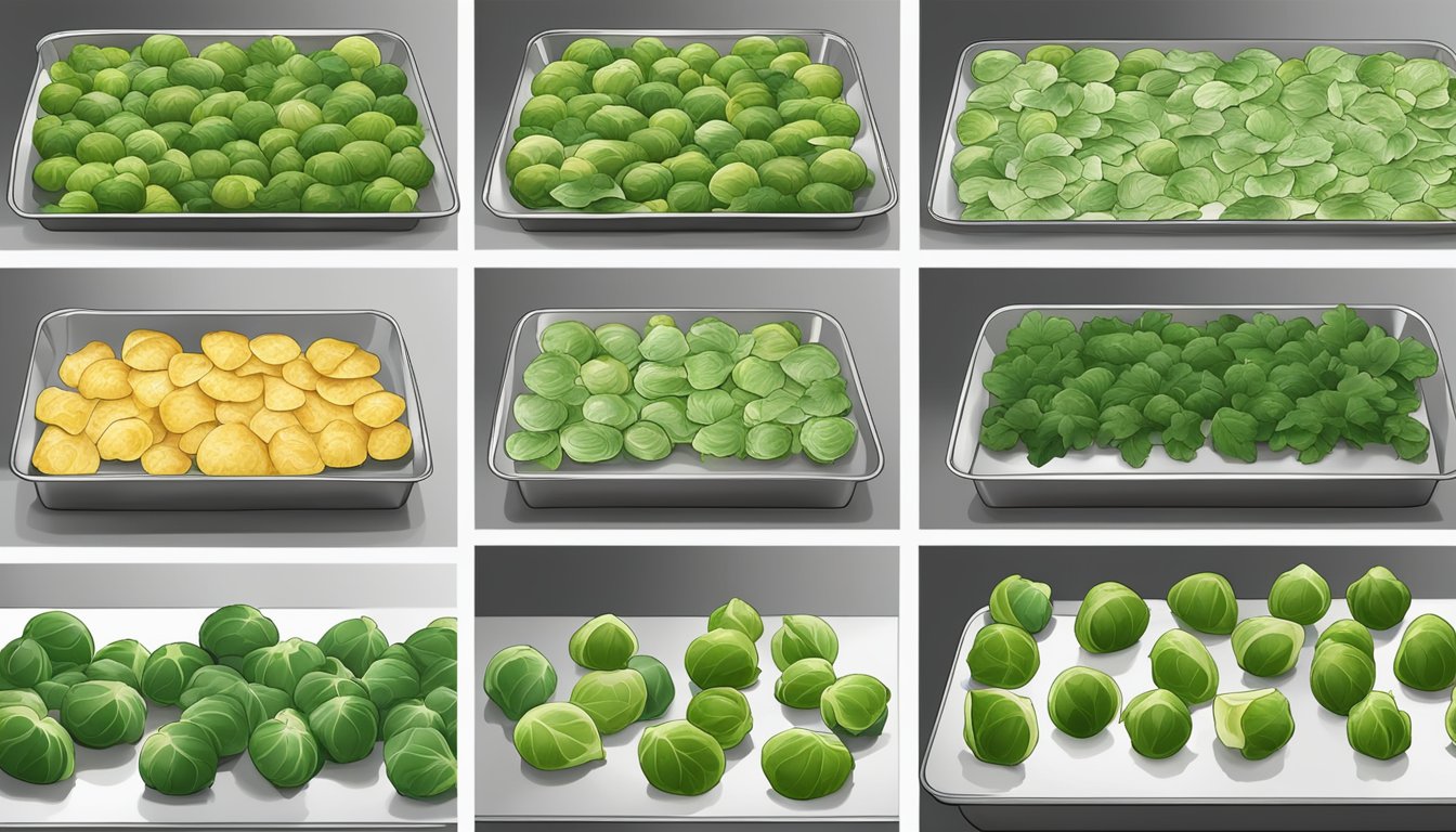 Brussels sprout leaf chips arranged on a baking sheet, being placed in an oven, then transferred to a storage container