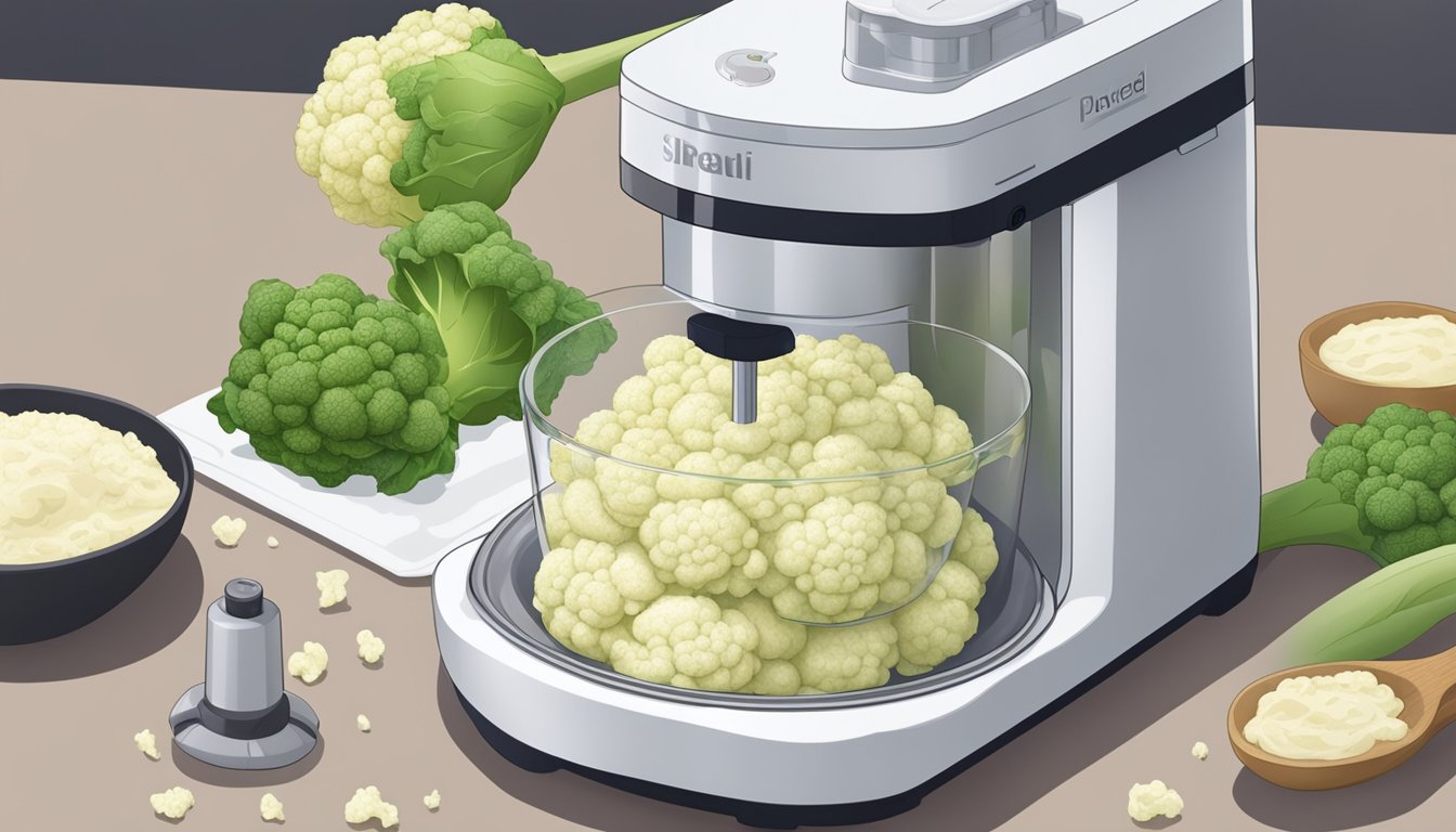 Cauliflower being cored and pureed in a food processor