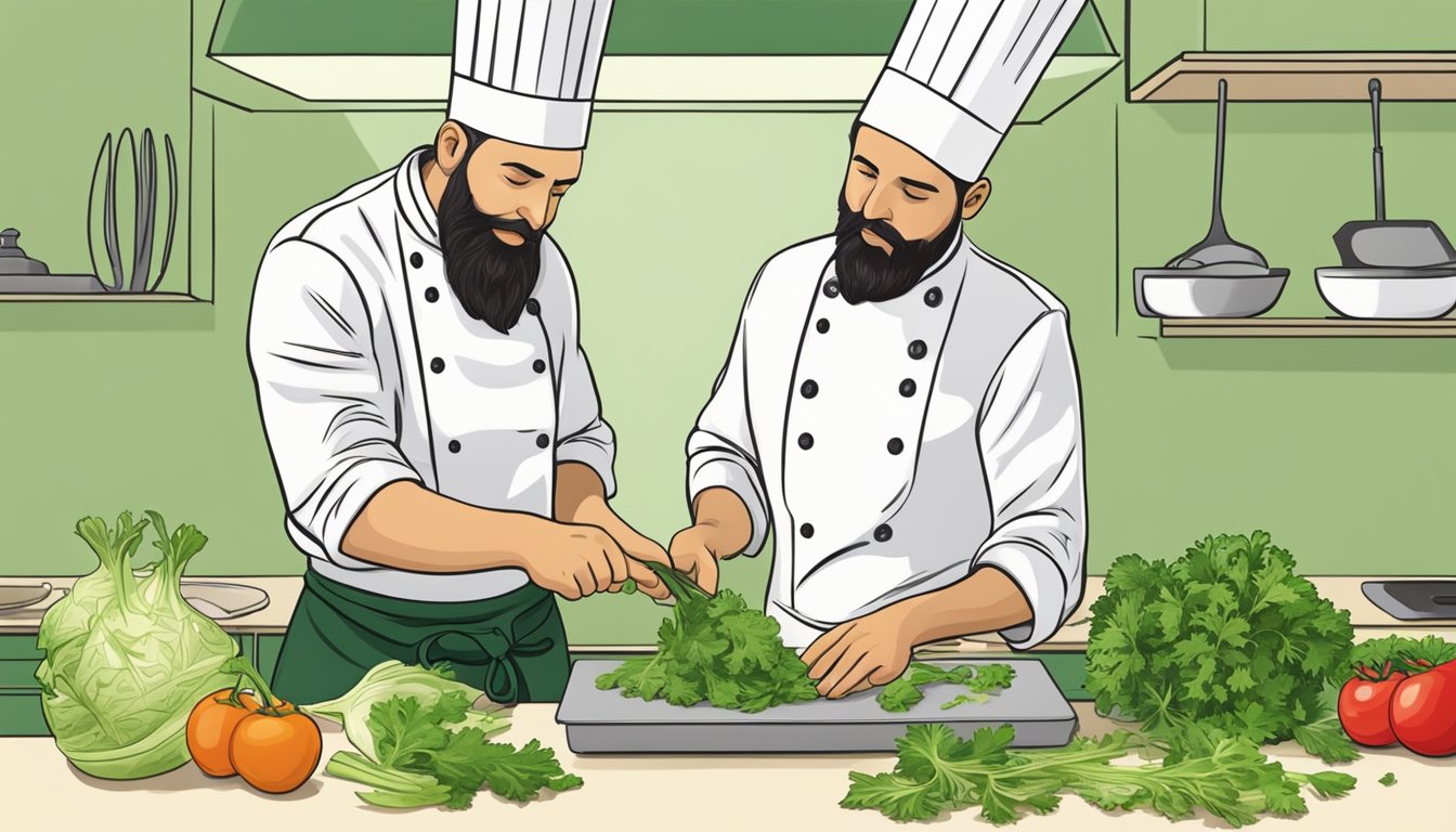 A chef finely chops celery root leaves for salsa verde