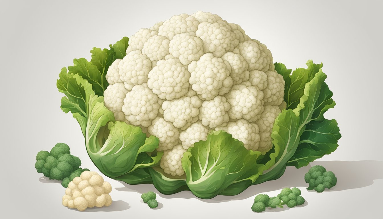 A whole cauliflower with the core removed, surrounded by a pile of pureed cauliflower