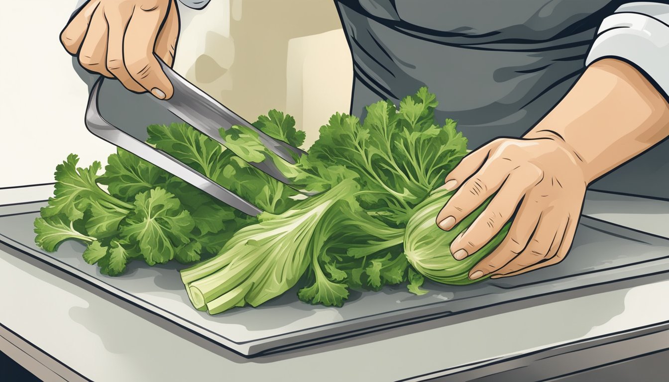 A chef's hand chopping celery root leaves for salsa verde