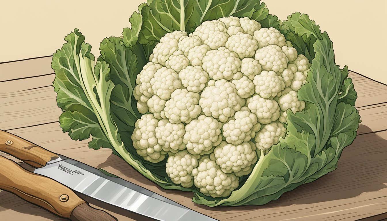 A cauliflower being cut open with a knife, revealing the core being removed