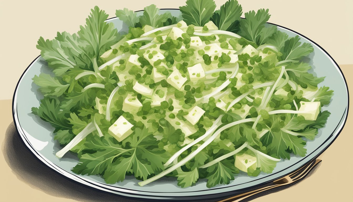 A vibrant green salsa verde drizzled over a bed of freshly chopped celery root leaves, showcasing the nutritional profile of the dish