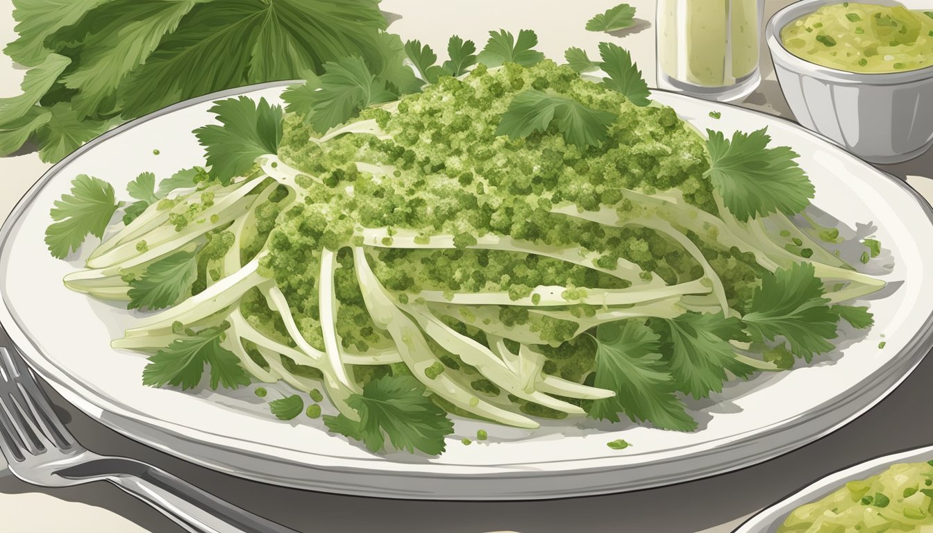 A vibrant salsa verde drizzled over a bed of celery root leaves, with variations and substitutions arranged around the plate