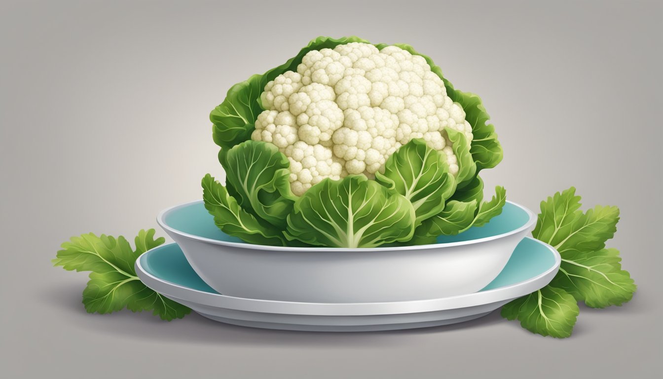 A head of cauliflower, with the core removed and the florets arranged on a plate