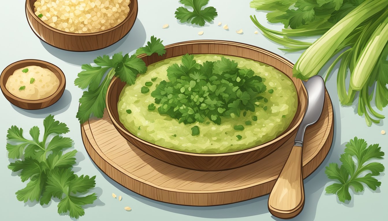 A wooden platter with a vibrant green celery root leaf salsa verde served in a small bowl, surrounded by fresh celery root leaves and other decorative elements