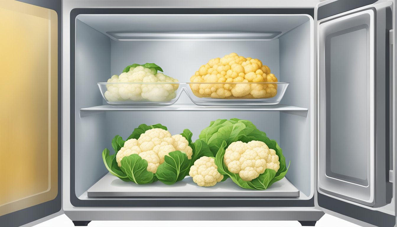 A pot of cauliflower core puree being stored in a glass container in the refrigerator, then being reheated in a microwave