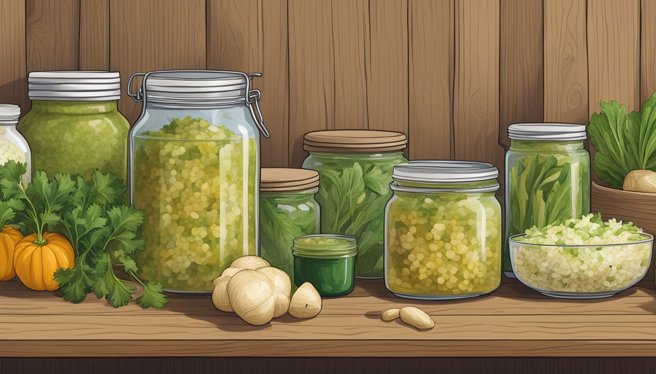 A jar of celery root leaf salsa verde on a wooden shelf, surrounded by other preserved foods