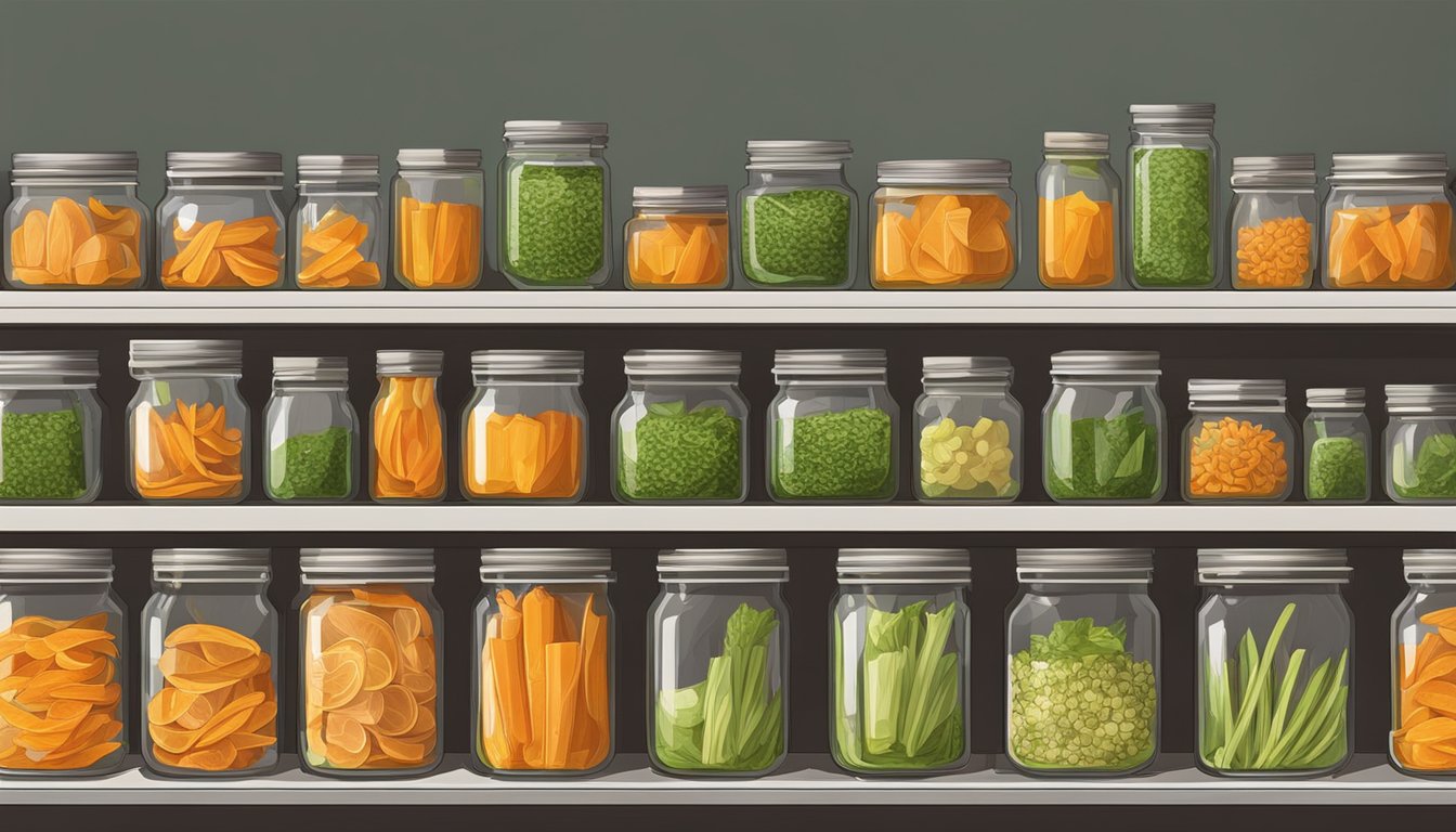 Carrot peels and pesto in airtight jars on a shelf