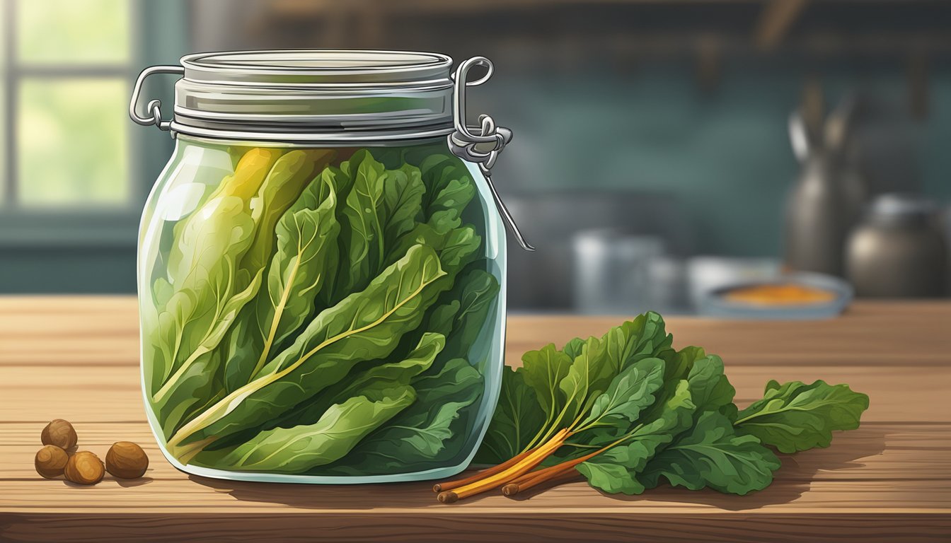 A jar of chard stem pickles sits on a rustic wooden table, surrounded by fresh chard leaves and a scattering of colorful spices