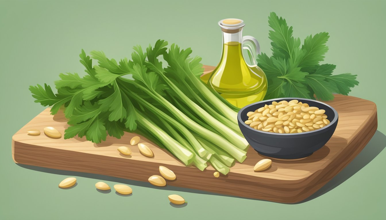 Fresh celery leaves, pine nuts, garlic, and olive oil arranged on a wooden cutting board. A mortar and pestle sits nearby