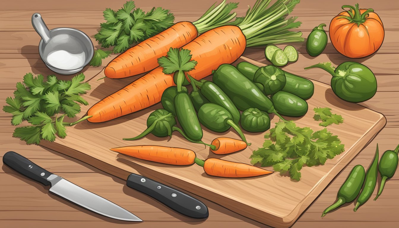 A cutting board with fresh carrots, tomatillos, cilantro, and jalapeños, surrounded by a mortar and pestle, knife, and bowl