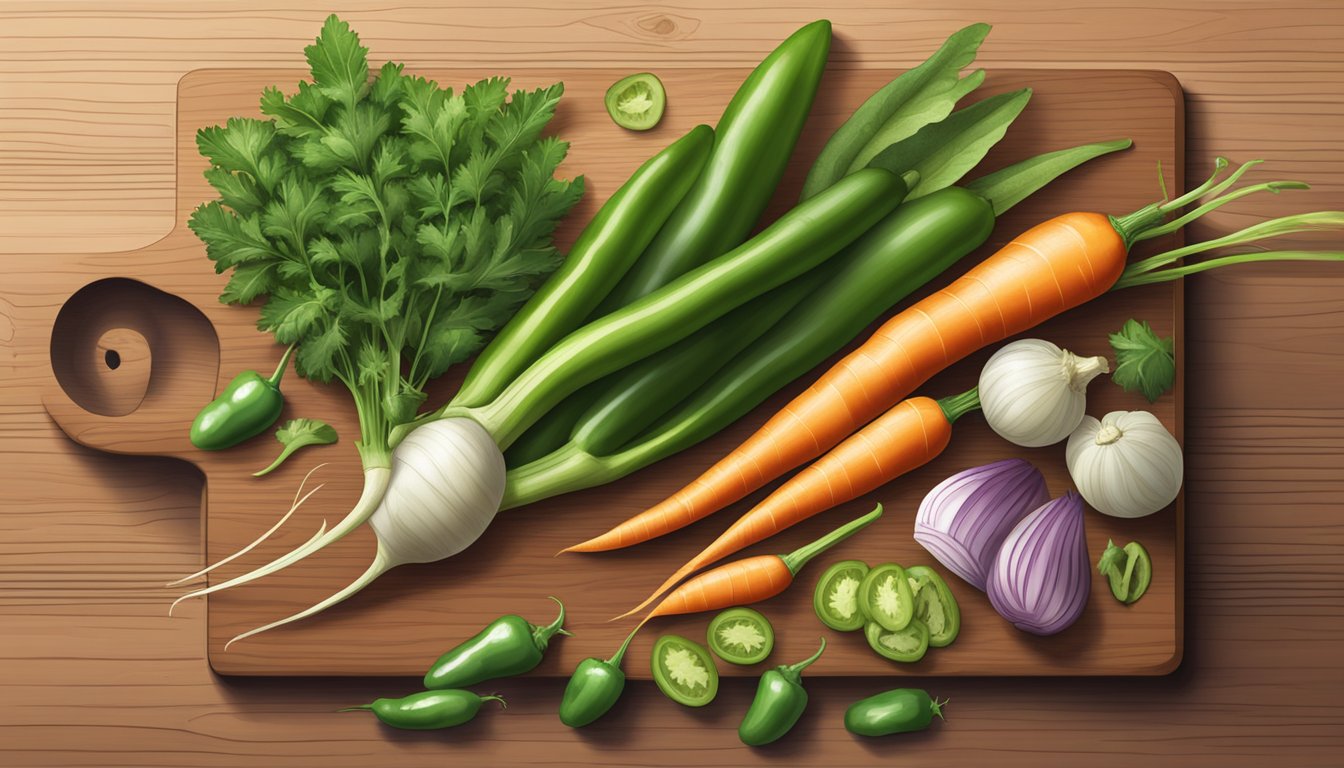 A vibrant assortment of carrot tops, tomatillos, and jalapeños, arranged on a wooden cutting board