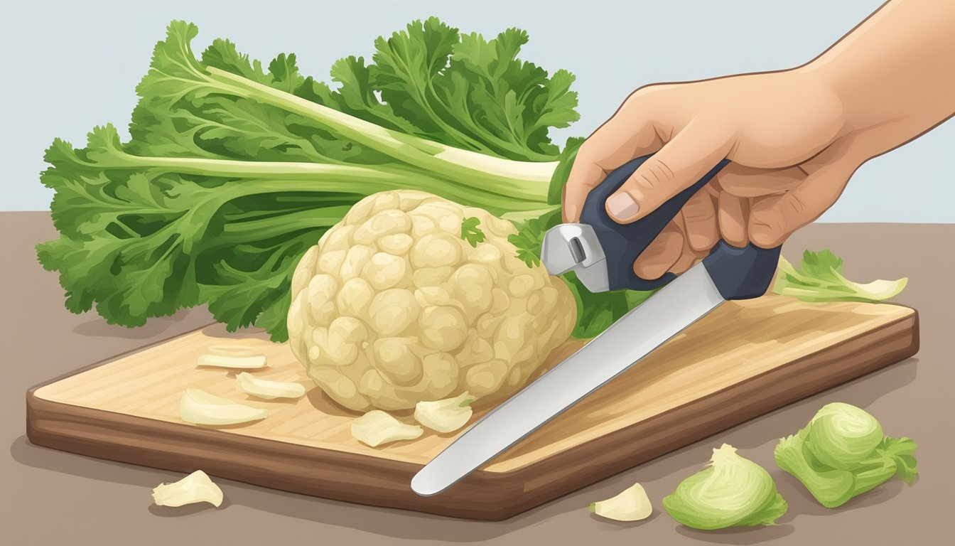 A hand holding a celery root, peeler, and a pile of celery root peelings on a cutting board