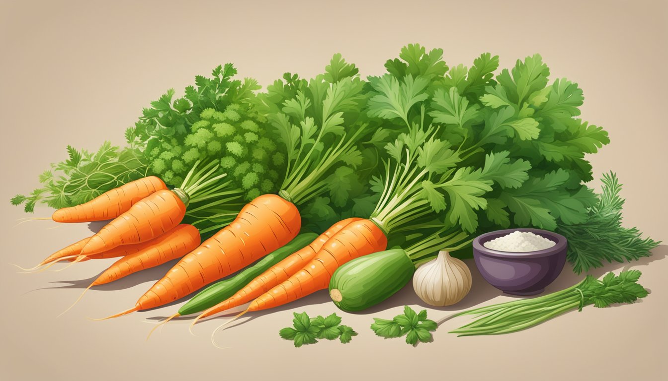 A vibrant pile of fresh carrot tops, cilantro, and other herbs, surrounded by colorful vegetables and a mortar and pestle