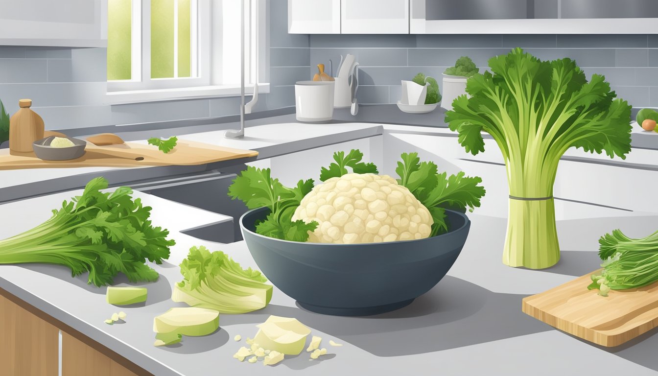 Celery root being peeled and pureed in a modern kitchen with healthy food ingredients nearby