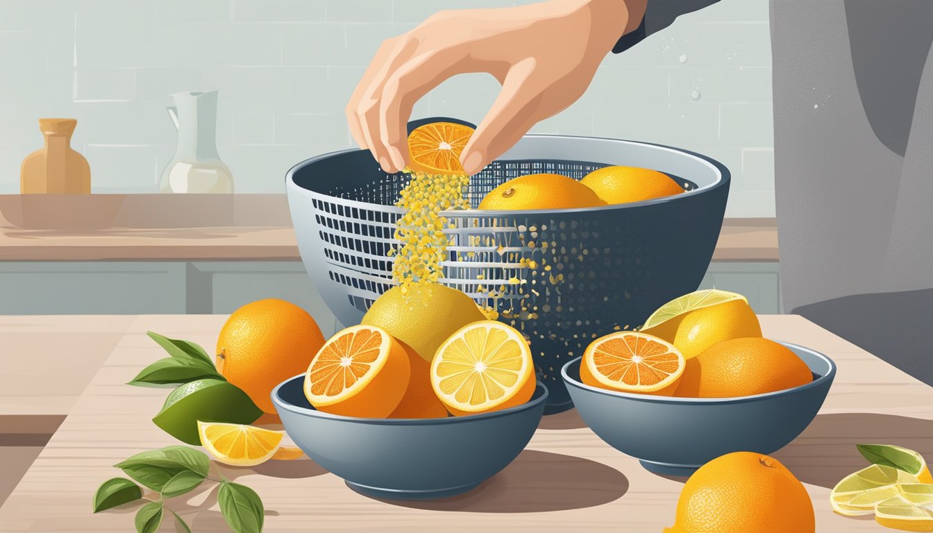 A hand grating citrus peel into a bowl, releasing aromatic oils