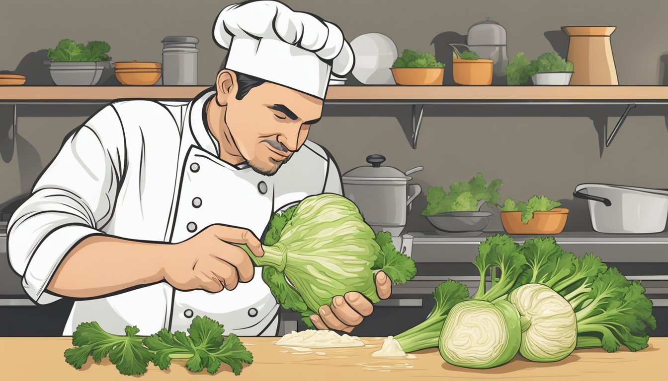 A chef expertly peels a celery root, revealing its creamy white flesh, ready to be pureed for a delicious dish