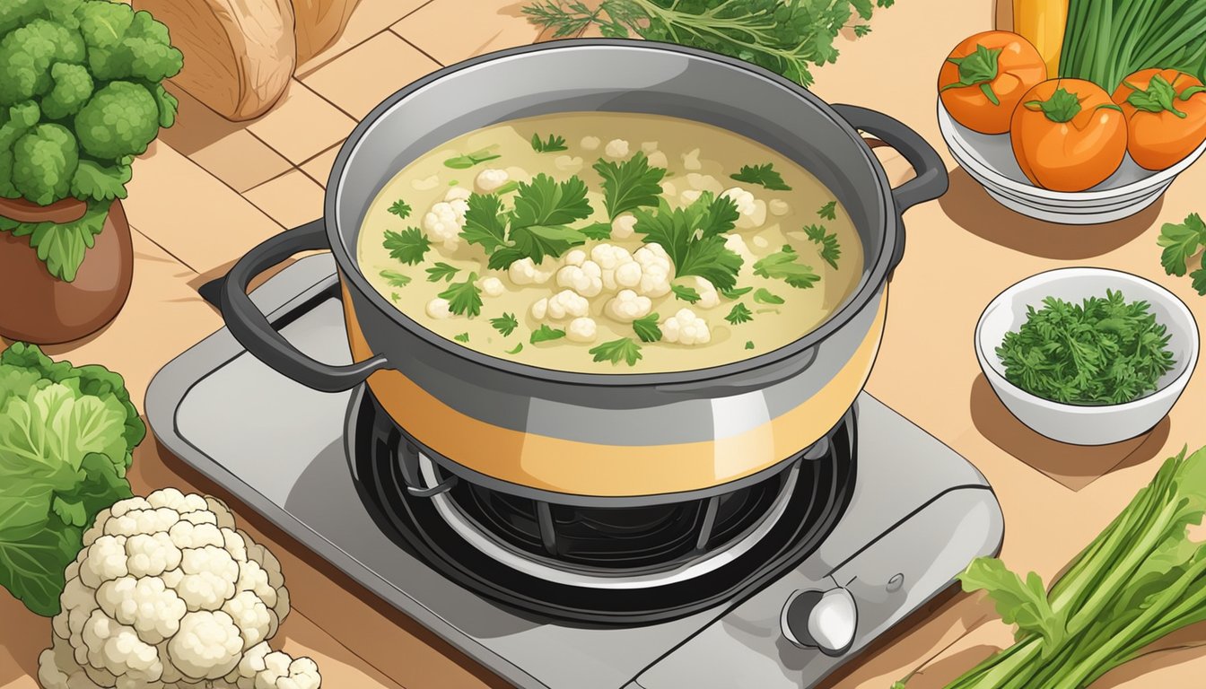 A pot of cauliflower core soup simmers on a stove, surrounded by fresh vegetables and herbs