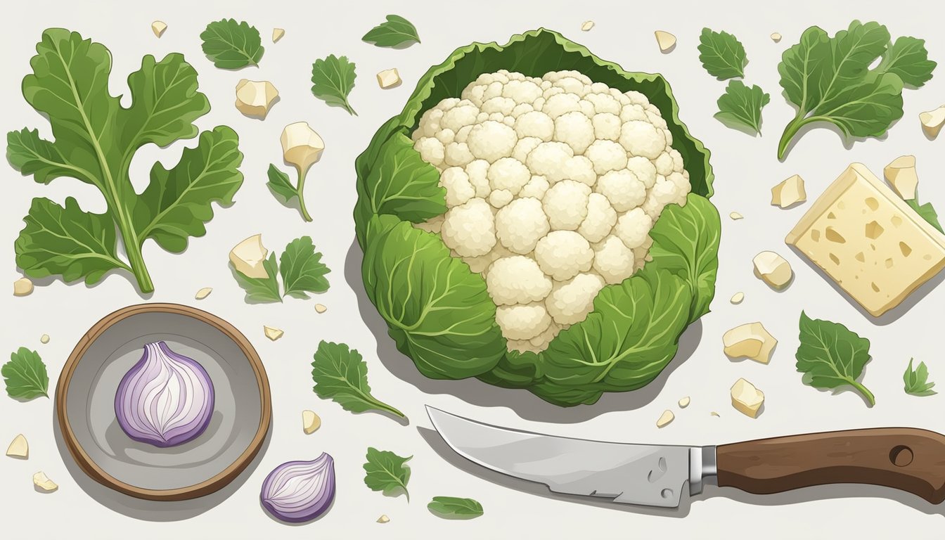 A whole cauliflower sits on a cutting board, surrounded by scattered pieces and a knife. The core is exposed, ready to be used for soup