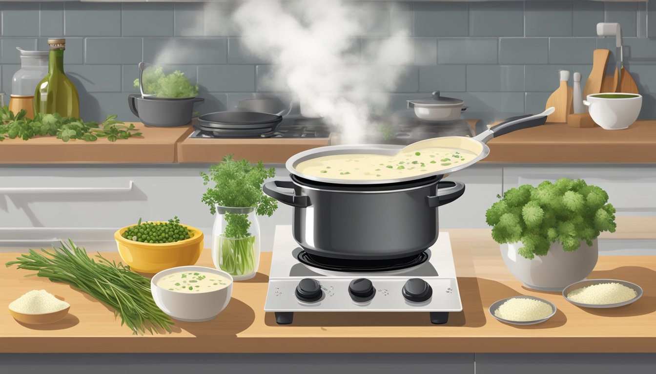 A pot of creamy cauliflower soup simmers on the stove, steam rising as a chef adds a drizzle of olive oil and a sprinkle of fresh herbs