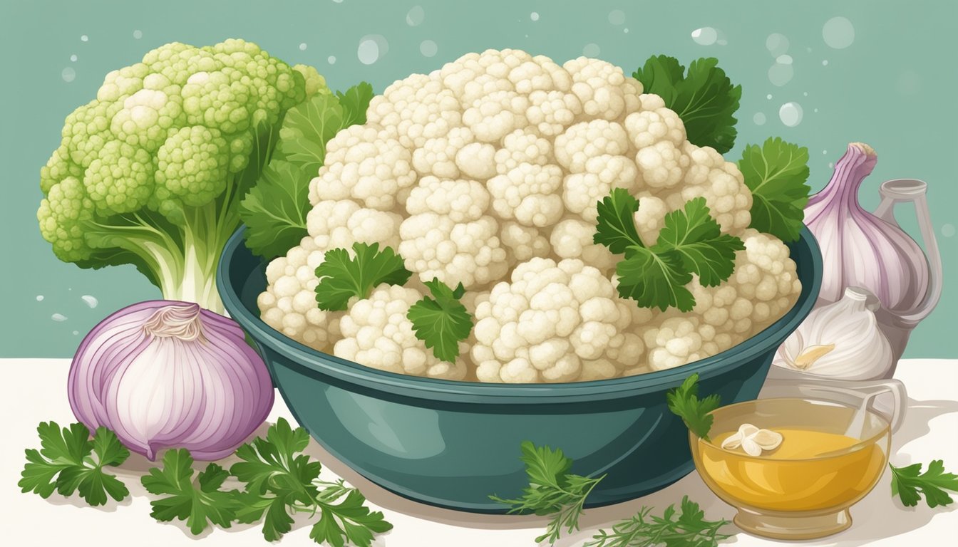 Cauliflower florets simmer in a pot of broth, surrounded by chopped onions, garlic, and herbs