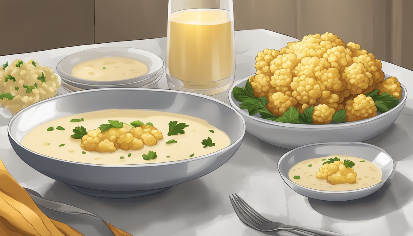 A steaming bowl of creamy cauliflower soup sits next to a plate of golden-brown roasted cauliflower florets, creating a visually appealing display of complementary dishes