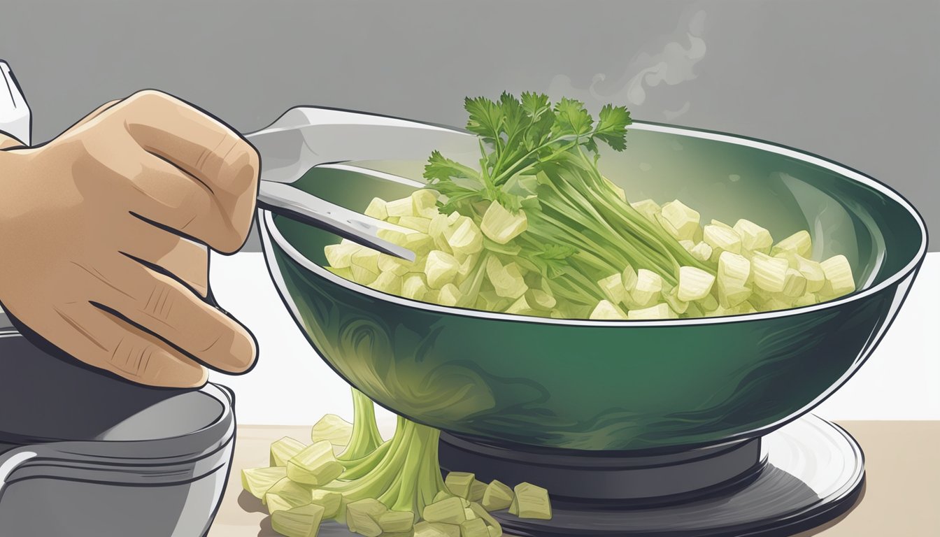 A chef's hand peeling a celery root over a bowl, creating a pile of puree