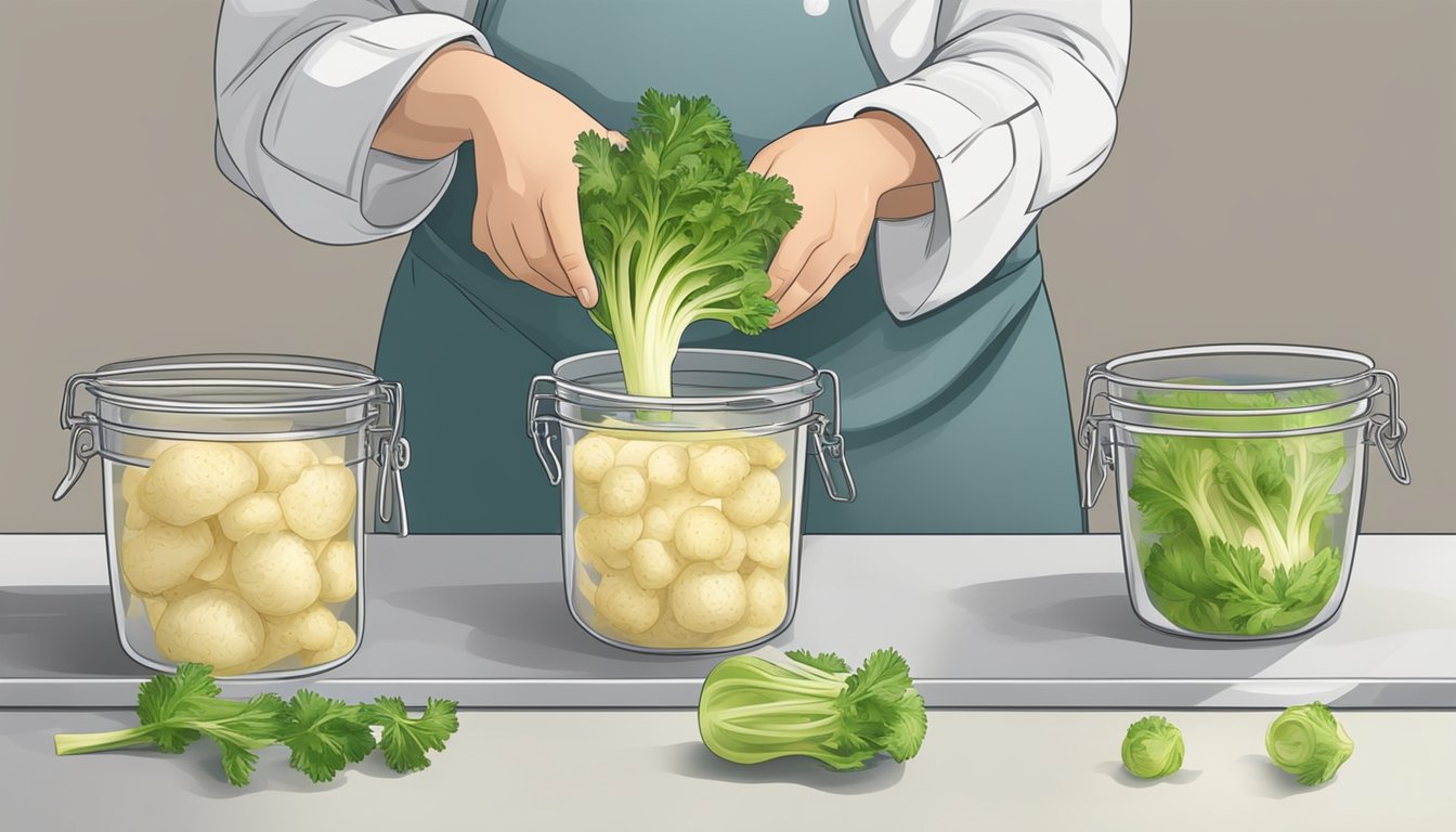 A chef peels and purees celery root, storing it in containers for make-ahead use