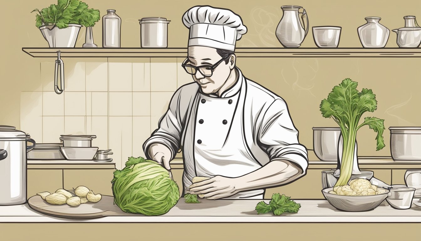 A chef peels a celery root, revealing its pure white flesh