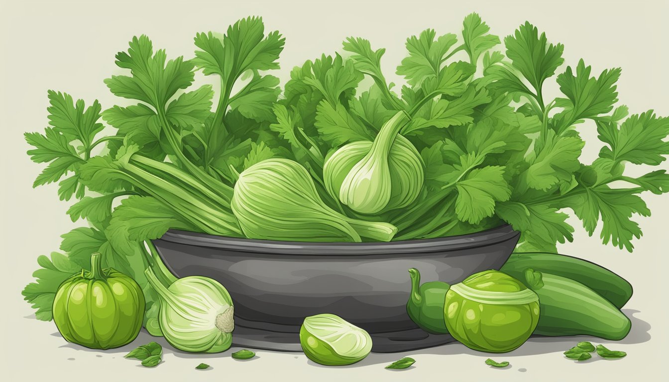 A vibrant bunch of celery leaves and tomatillos, surrounded by fresh herbs and a mortar and pestle