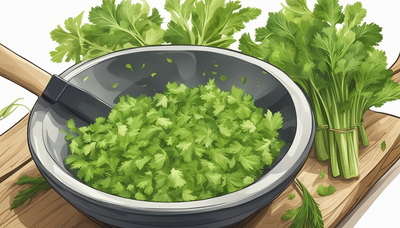 Fresh celery leaves and herbs being chopped and mixed with oil and vinegar in a mortar and pestle for salsa verde