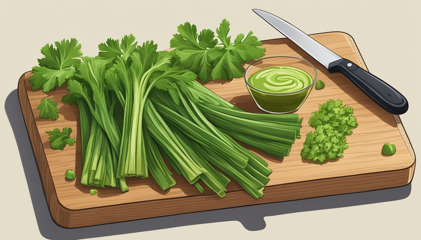 A vibrant bunch of celery leaves and salsa verde arranged on a wooden cutting board