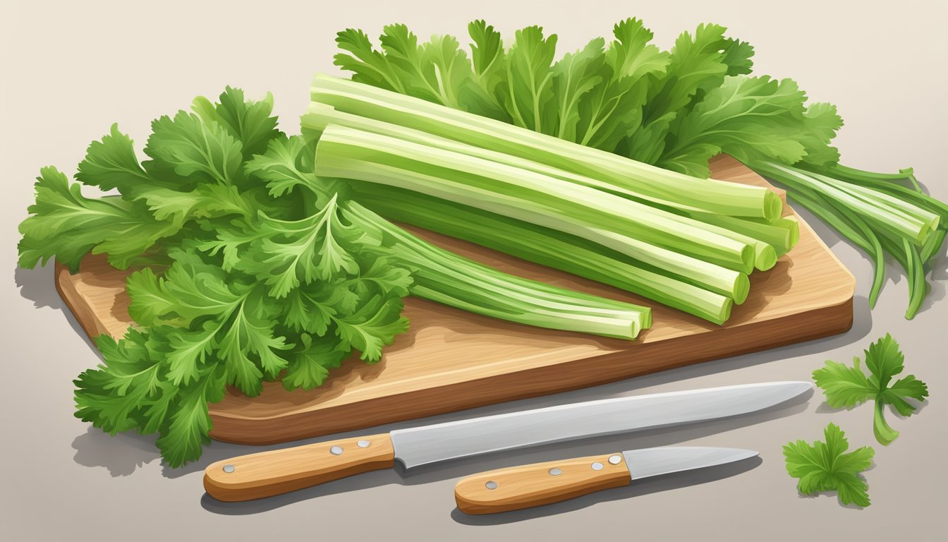 A vibrant bunch of celery leaves and assorted ingredients arranged on a wooden cutting board