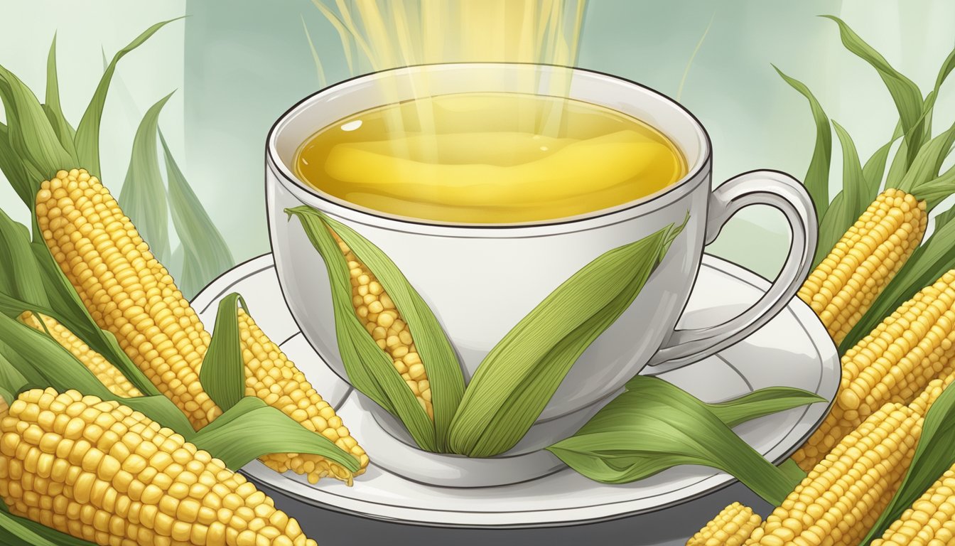 A steaming cup of corn silk tea surrounded by fresh corn husks and a warning label