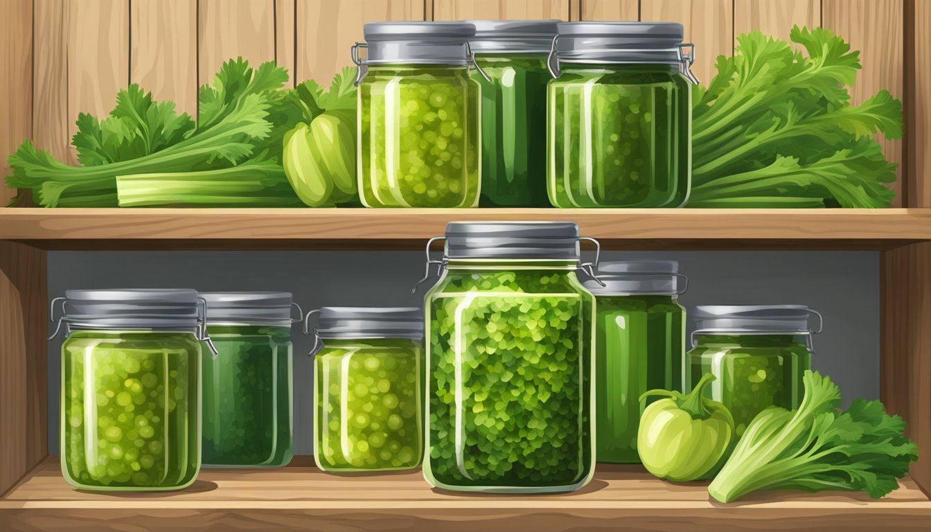 A glass jar filled with vibrant green celery leaf salsa verde, sealed and stored on a wooden pantry shelf