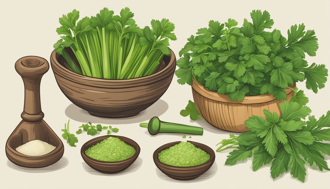 A vibrant bunch of celery leaves and other fresh herbs, alongside a mortar and pestle, ready to be transformed into a zesty salsa verde