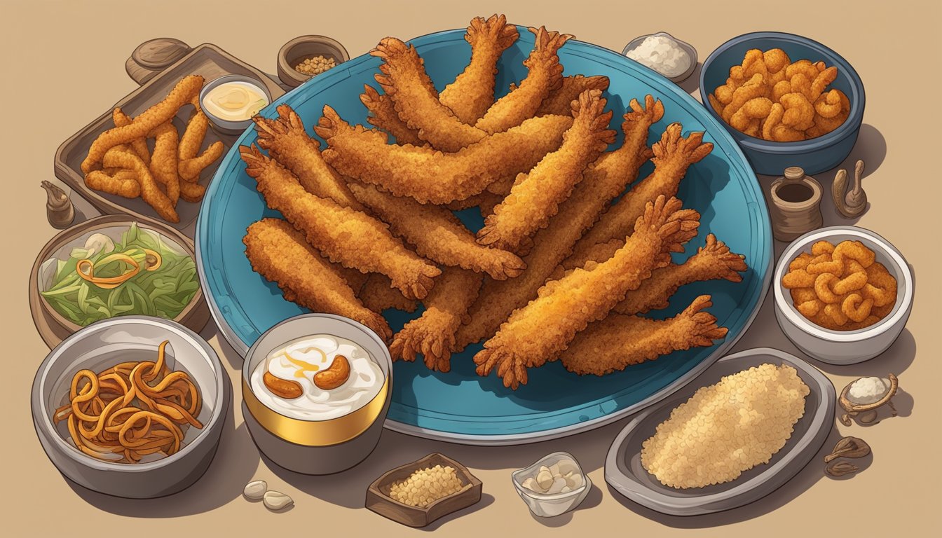 A platter of crispy fried chicken feet surrounded by traditional cultural symbols and historical artifacts